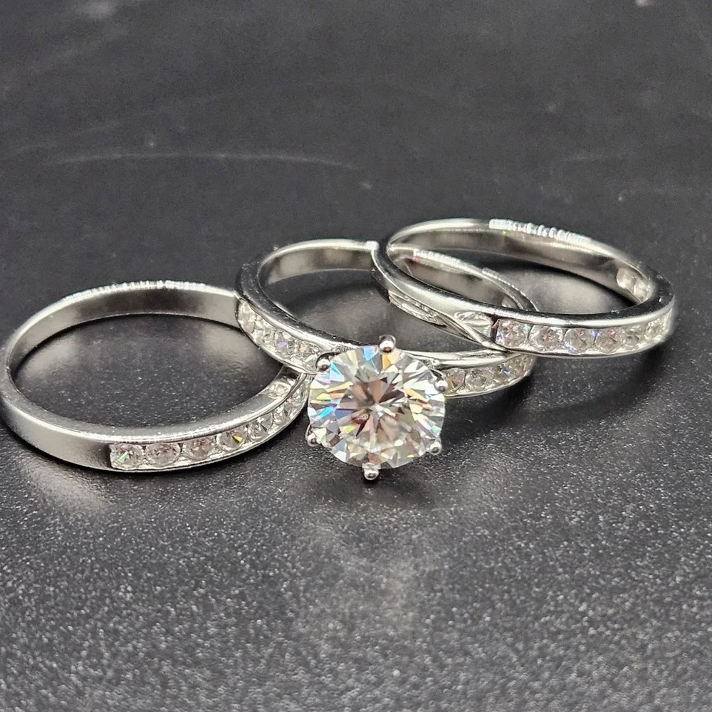 Moissanite Sterling Silver Triple Band Engagement Wedding Set 2 Carat Size 7